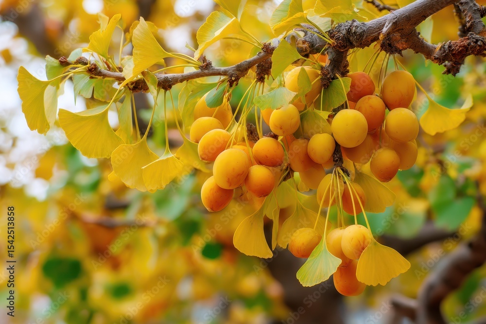 Ginkgo biloba tree branch with yellow foliage and mature fruits Ginkgo biloba tree branch with yellow foliage and mature fruits