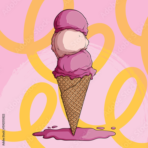 Hand-Drawn Triple Scoop Berry Ice Cream in Cone with Melting Topping on Pink Background