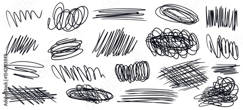 Doodle set of vector hand drawn black messy swirl lines, scribble strokes, squiggles, freehand curves for advertisement, mental struggling concept, chaotic way direction, strikethrough symbol