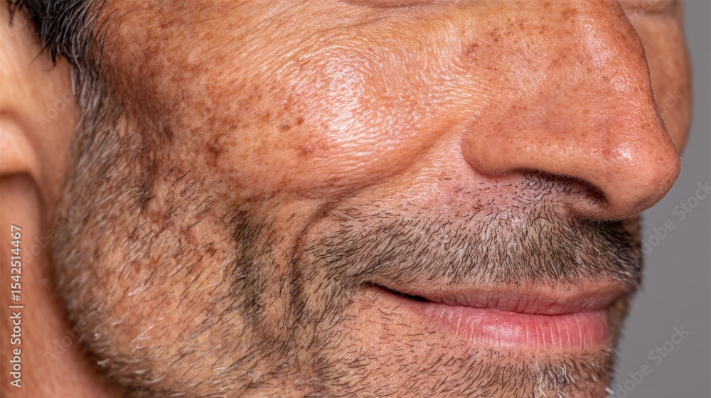Fototapeta premium Close-Up of Mature Man Smiling with Textured Skin and Facial Hair, Natural Light Portrait