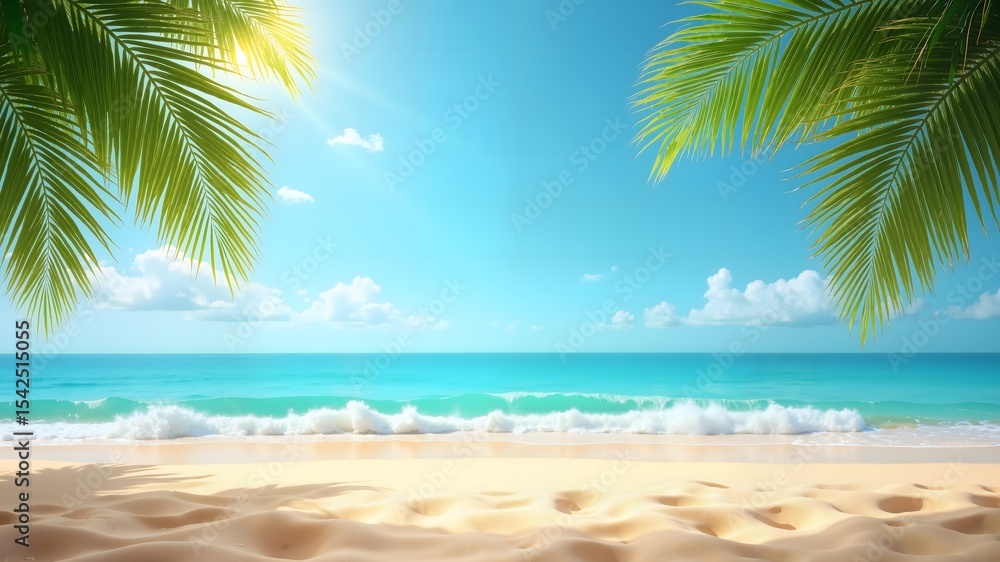 Fototapeta premium Sandy beach with palm branches on the sea background, summer tourism vacation, template for product presentation 