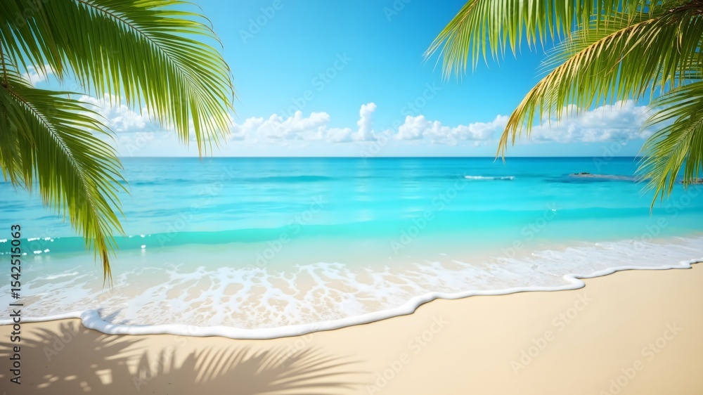 Obraz premium Sandy beach with palm branches on the sea background, summer tourism vacation, template for product presentation 
