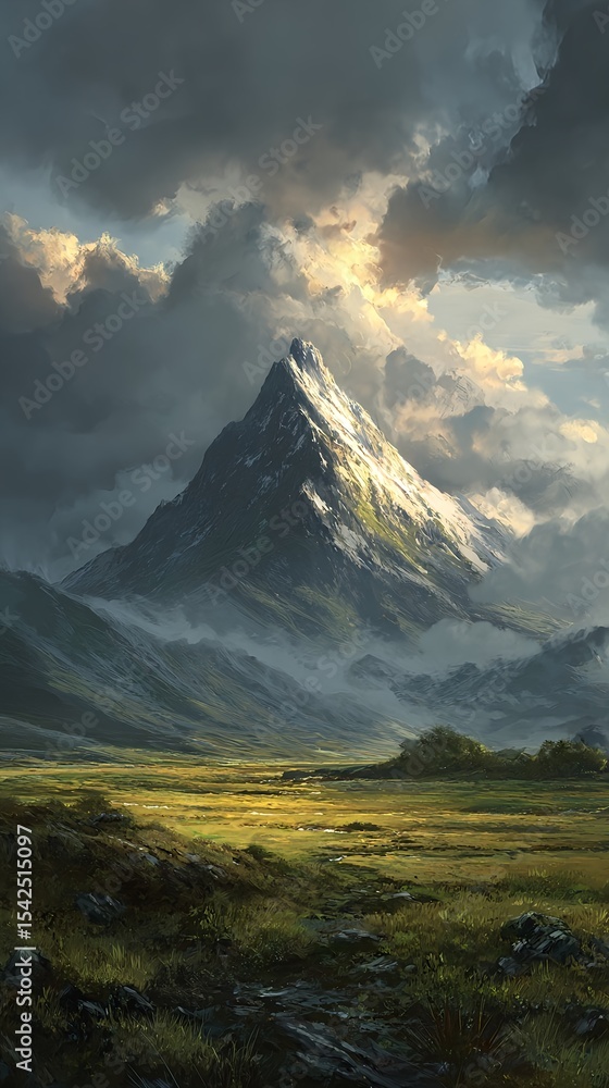 Obraz premium Fantasy mountain peak rising over golden meadows for phone wallpaper
