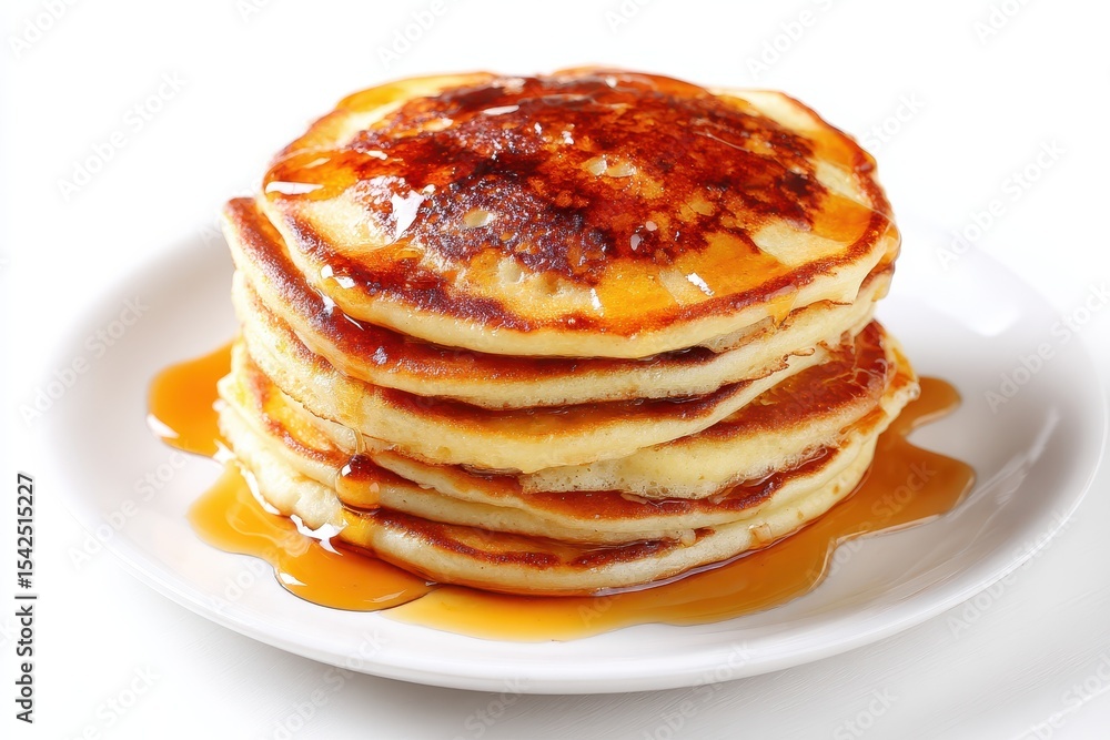 Top view of a plate of pancakes topped with maple syrup against a white background Top view of a plate of pancakes topped with maple syrup against a white background