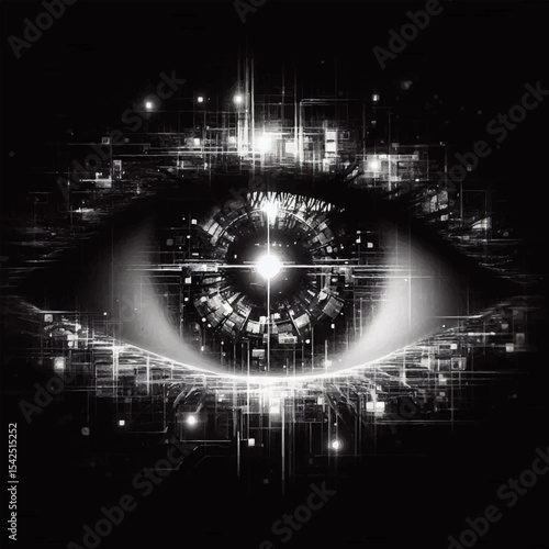 Black and white illustration of a human eye equipped with digital cybernetic elements on a black background. Vector graphics. EPS.