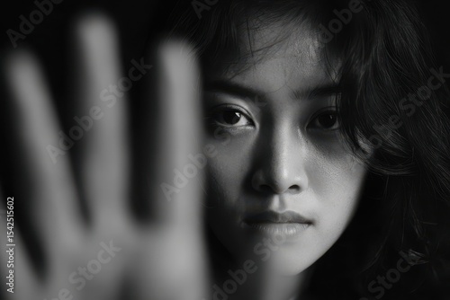 Woman raised her hand to discourage violence against women depicted in black and white with empty space