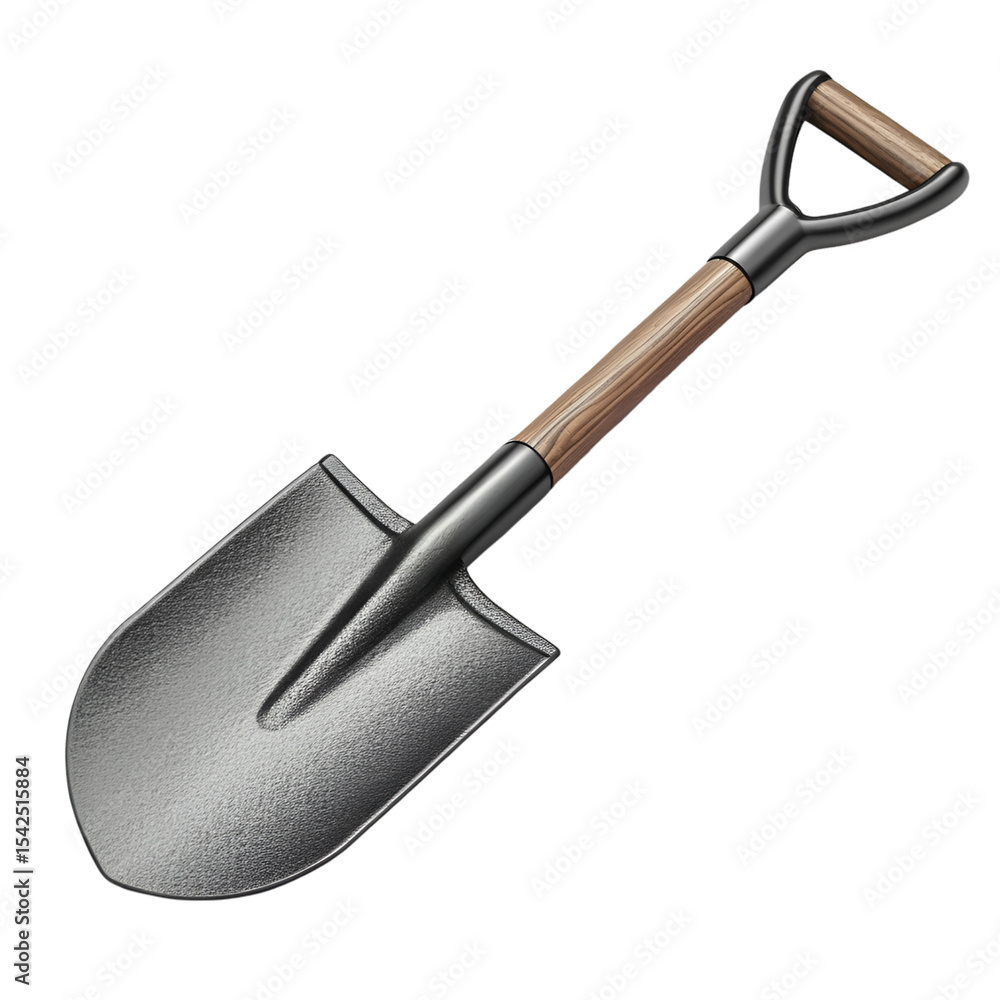 3 D Render Dark Gray Metal Shovel Wooden Handle White Background 3 D Render Dark Gray Metal Shovel Wooden Handle White Background