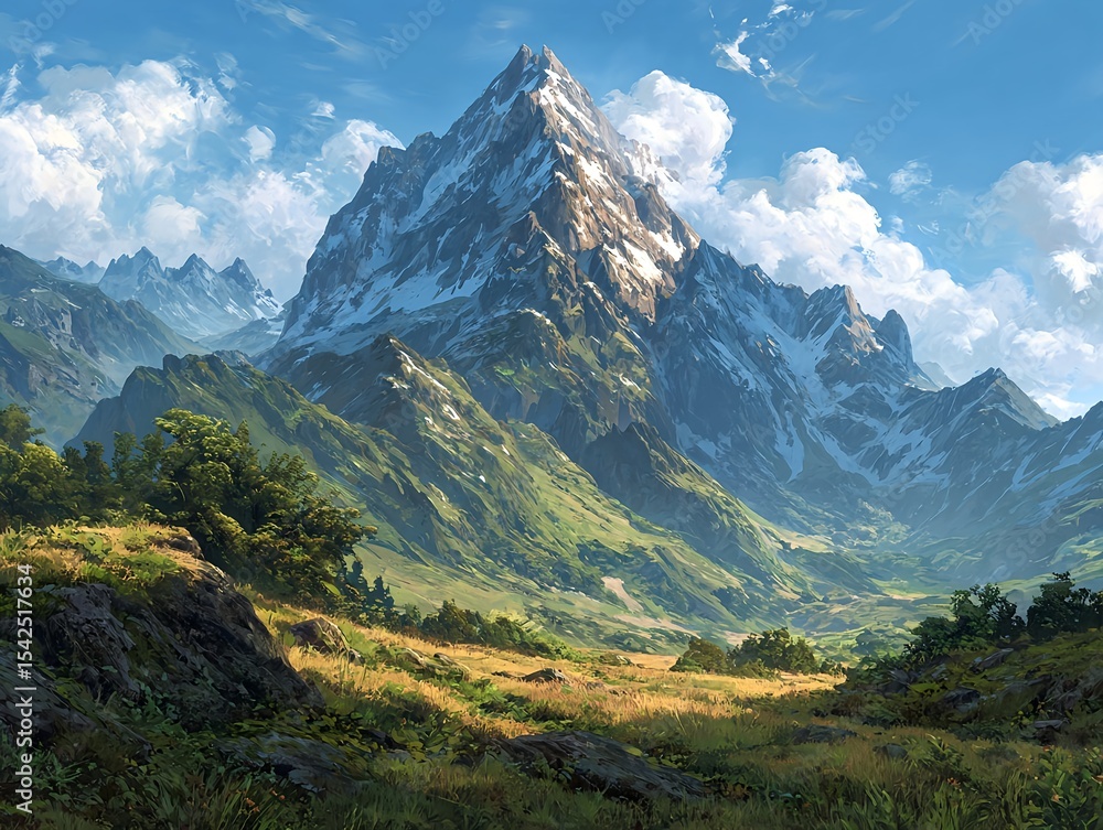 Fototapeta premium Radiant peak ascending in a dreamlike world of midsummer as warm breezes stir wildflowers and the horizon gleams