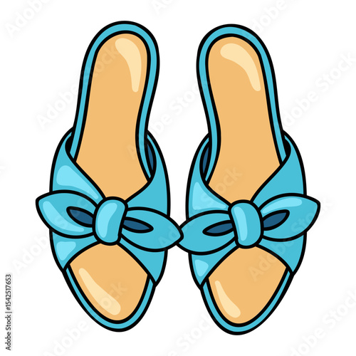 Blue bow slippers. Slip-on summer sandals with bows. Elegant open toe flat mules. Casual cartoon style beach shoes 
