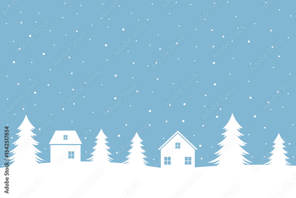 Naklejka premium Winter background. White houses, fir trees and snow on a blue background. Christmas fairytale landscape. Vector illustration