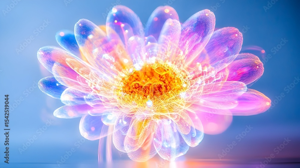 Obraz premium Luminous flower, glowing petals, blue background, digital art, website design