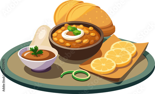 Chole bhature with onion rings and pickle, isolated on white background 