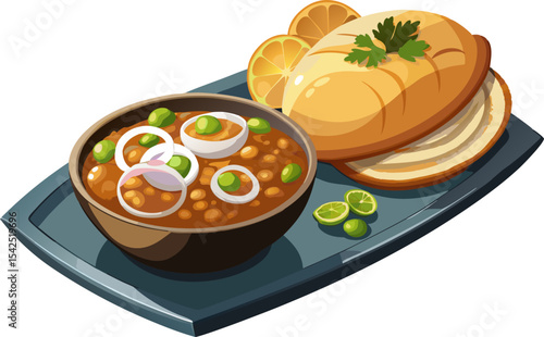 Chole bhature with onion rings and pickle, isolated on white background