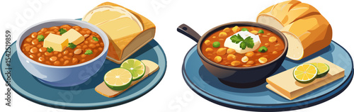 Pav bhaji served with buttered pav and lemon wedge, isolated on white background