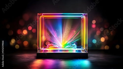 Rainbow cube light show, dark studio, bokeh background, product display