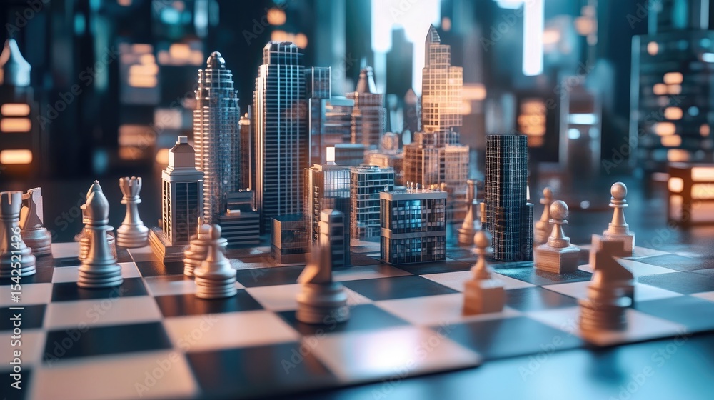 custom made wallpaper toronto digital3d rendering Cityscape Strategy: Chessboard and Modern Metropolis AI Generative