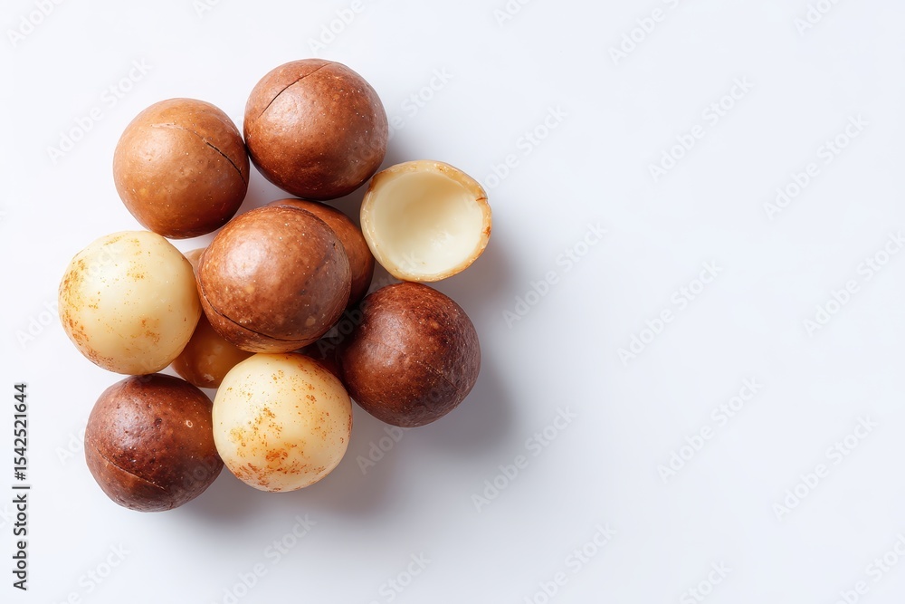 Shelled macadamia nuts on a white backdrop Overhead view with space for text Shelled macadamia nuts on a white backdrop Overhead view with space for text
