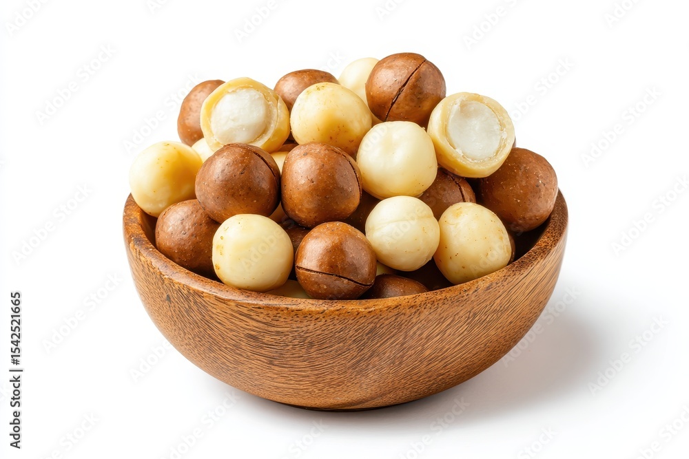 Shelled macadamia nuts in a wooden bowl on a white background Shelled macadamia nuts in a wooden bowl on a white background
