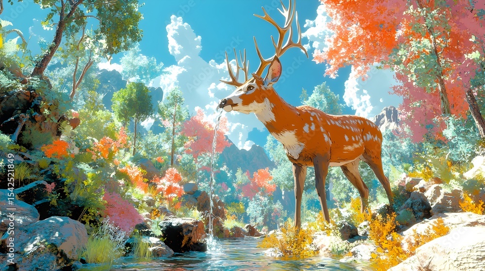 Fototapeta premium Deer drinks stream, vibrant forest, mountain background, fantasy art