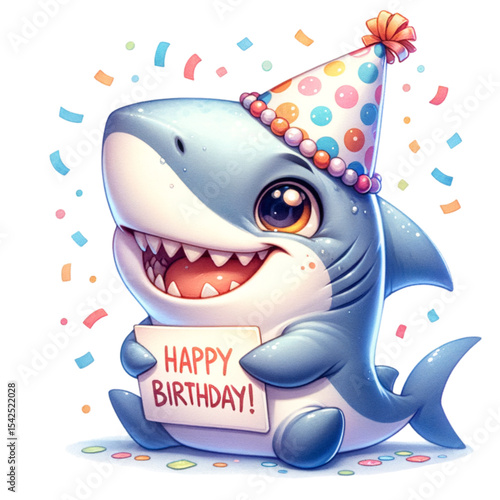 Party Shark’s Birthday Bash: Celebrate a special day with an adorable cartoon shark, donning a party hat and holding a birthday greeting, surrounded by colorful confetti. Capturing joy, innocence.