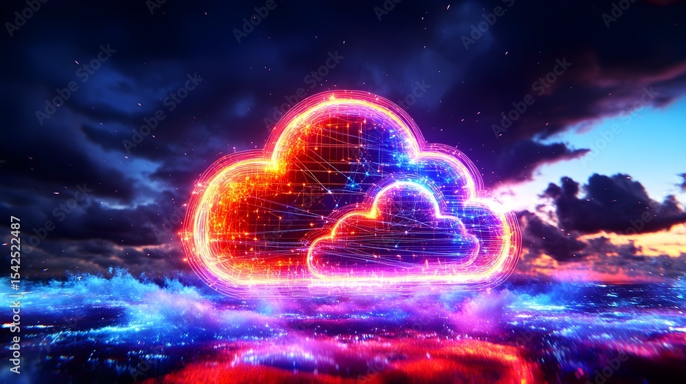 Obraz premium Glowing cloud network over cityscape at night