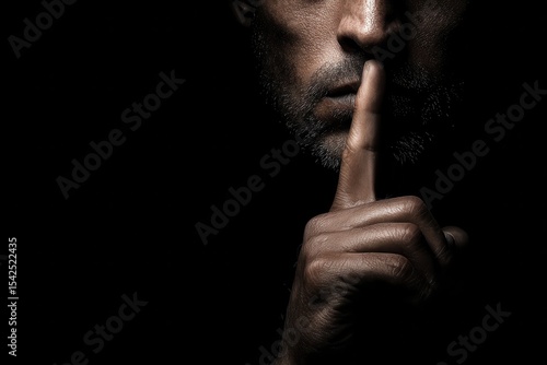 Sinister figure signaling for silence alone against a dark backdrop
