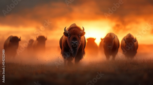 A powerful buffalo leads a herd through a misty field at sunrise, symbolizing strength, freedom, and the majesty of wildlife in a stunning natural setting at dawn.