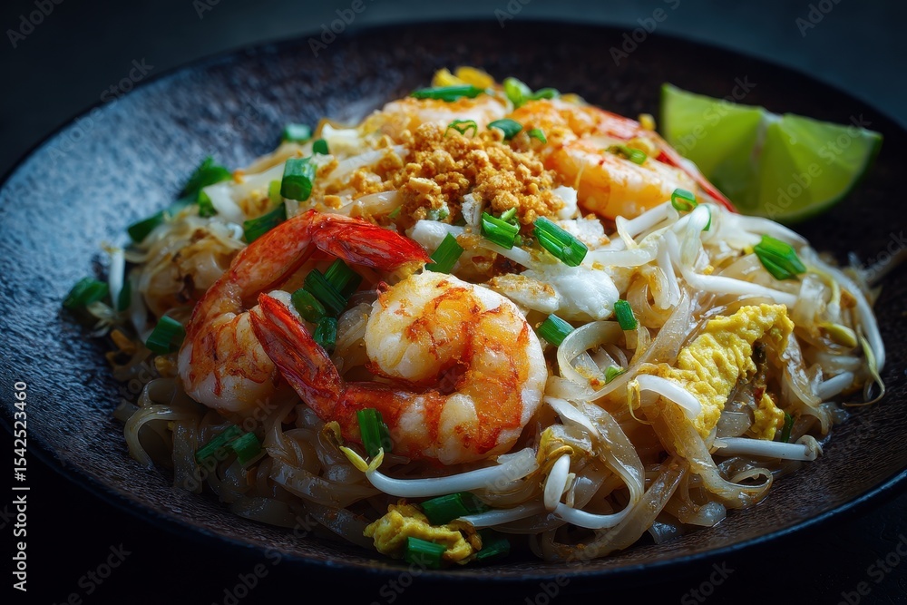 Thai dish of shrimp stir fried rice noodles known as Pad Thai Thai dish of shrimp stir fried rice noodles known as Pad Thai