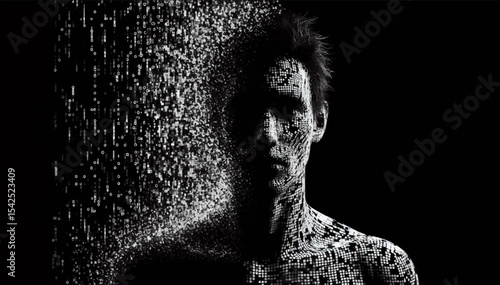 A black-and-white illustration of a multitude of digital computer symbols located in virtual space that assemble into the image of a man on a black background. Vector graphics. EPS.