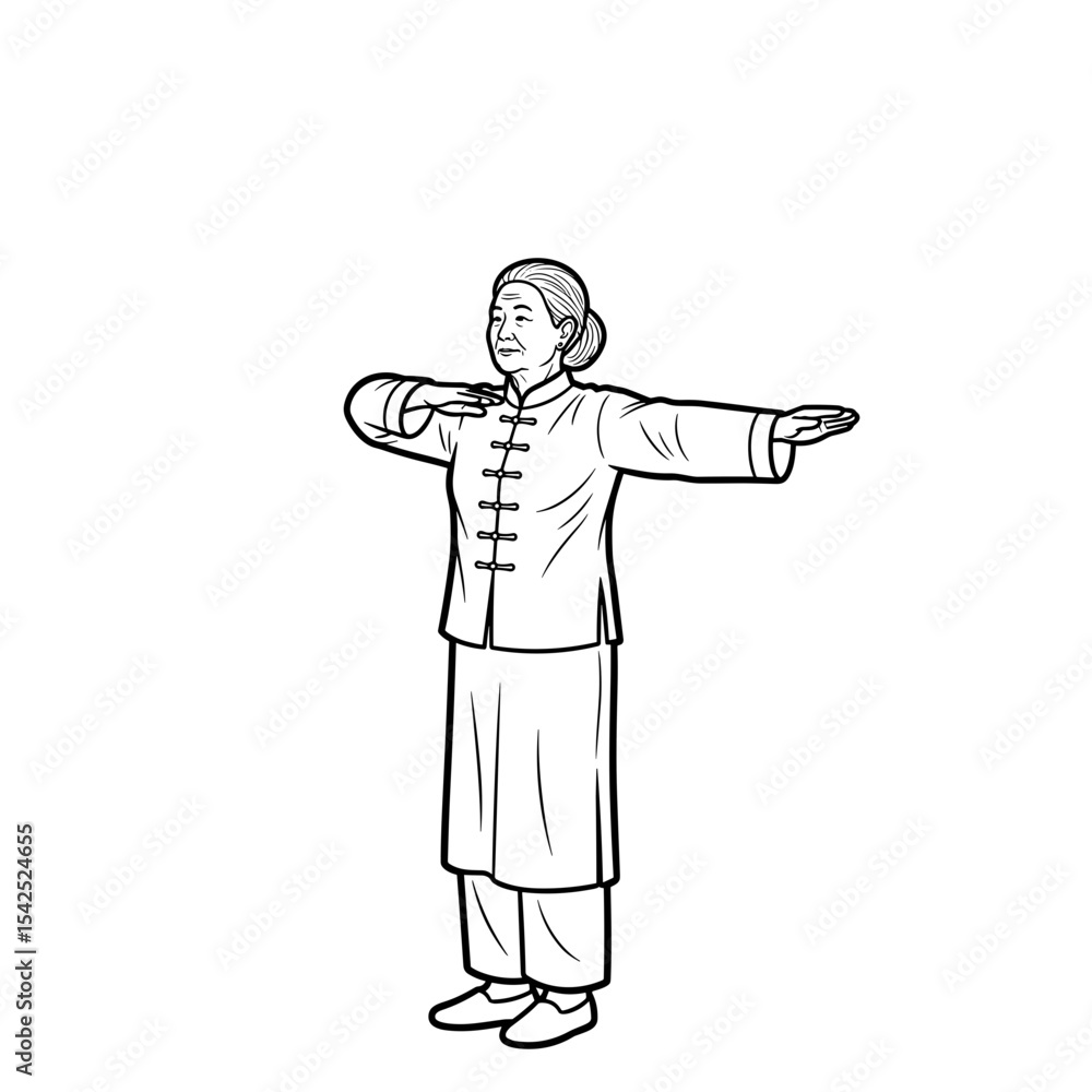 Obraz premium Older woman practicing Qigong with arms extended for energy flow and relaxation 