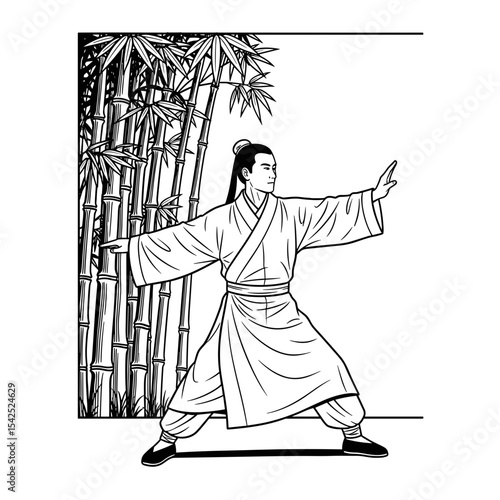 Person practicing Qigong in traditional attire among bamboo for energy and tranquility