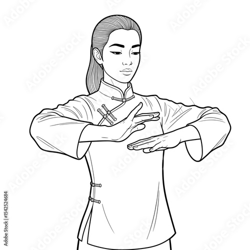Woman practicing Qigong for relaxation and energy flow in a serene posture