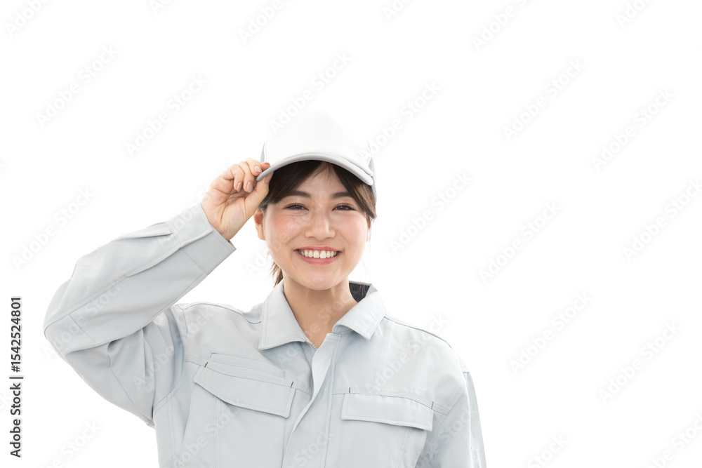 作業着の若い女性
作業着の若い女性
