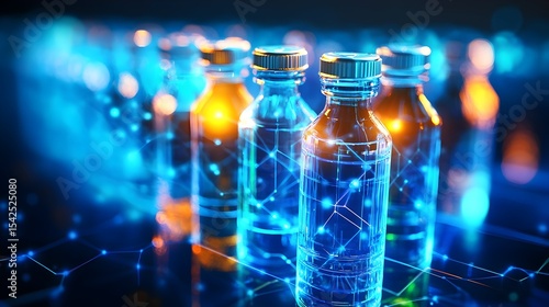 Digital vials glow, network background, lab research
