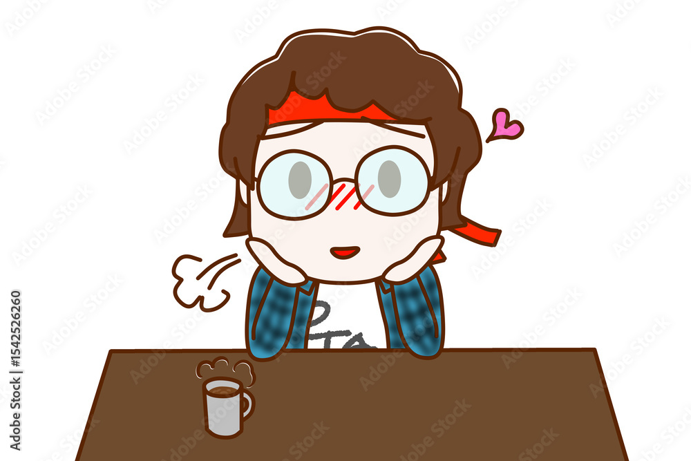(上半身正面)大好きなことや人を想って物思いにふけ、溜息をつくメガネをかけたオタク (上半身正面)大好きなことや人を想って物思いにふけ、溜息をつくメガネをかけたオタク