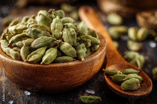 Fototapeta Naklejka Na Ścianę i Meble -  Wooden bowl and spoon with green cardamom Dried spice and close up of seeds