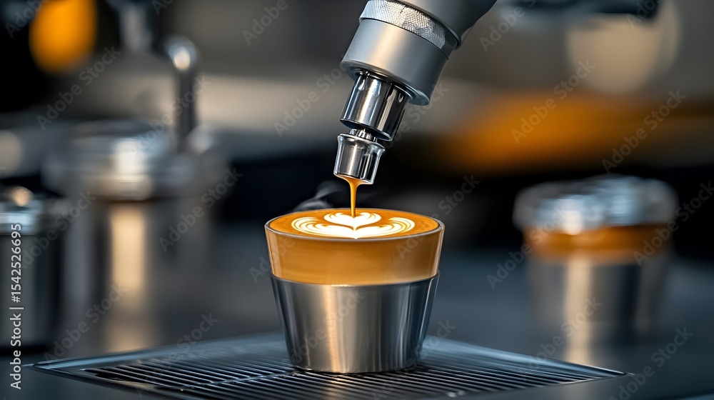 Robotic arm pouring latte art in cafe Robotic arm pouring latte art in cafe