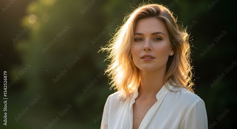 Naklejka premium Golden Hour Portrait Woman with Blonde Hair and Serene Expression
