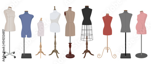 Collection of colorful tailor mannequins with various shapes and bases, including male, female, maternity, and child dress forms. Vector illustration on white background.