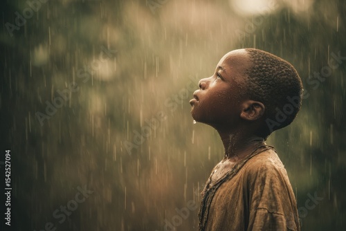 Young African boy outdoors in the rain symbol of water for Africa