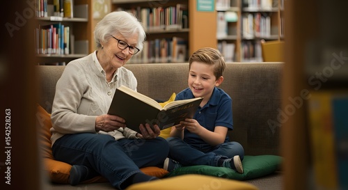 Senior woman and child joyfully reading a book together in a library setting fostering intergenerational literacy and learning