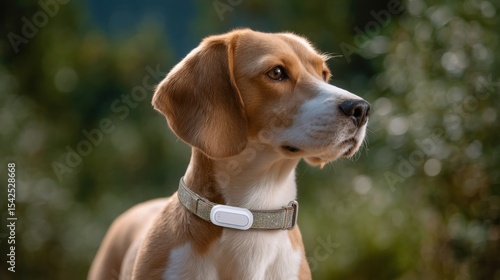 Beagle dog with gps collar in lush green park pets nature close-up safety technology