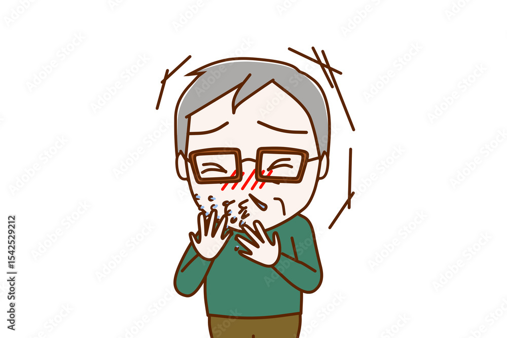 (上半身正面)風邪をひいて激しいくしゃみと鼻水がでる高齢の男性 (上半身正面)風邪をひいて激しいくしゃみと鼻水がでる高齢の男性
