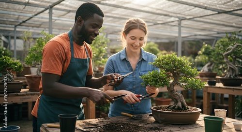 Skilled gardeners collaborate on bonsai tree care in a vibrant greenhouse setting sunlight streaming through the glass roof illuminating their focused work nurturing plants together.