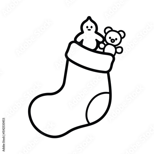 Colorful illustration of a christmas stocking overflowing with toys including a cuddly teddy bear perfect for holiday cards or festive designs