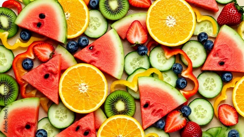 Sliced fruits and vegetables flat lay, vibrant and colorful, healthy eating and fresh food background