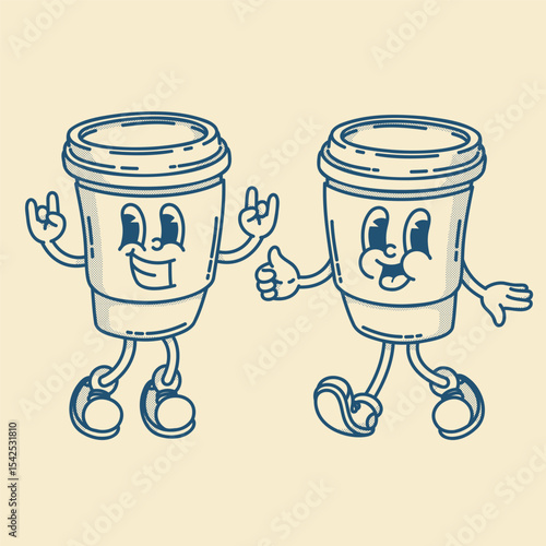 Smiling friendly coffe to go character mascot in shoes. Coffee shop mascot symbol. Hands up, finger up