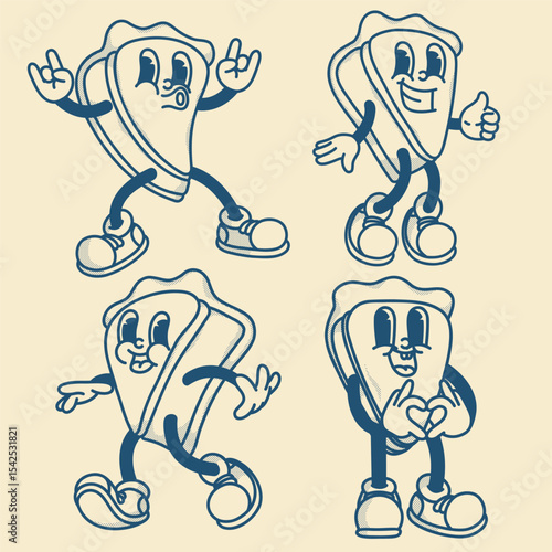 Happy retro mascot piece of pie character, smiling, giving a thumbs up, heart gesture, rock. Menu, homemade bakery symbol