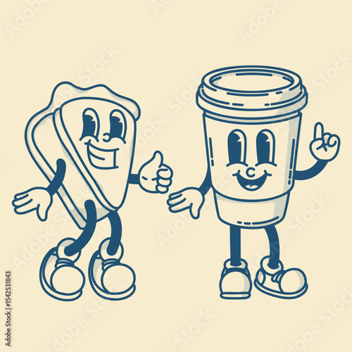 Happy retro mascot piece of pie and coffee to go character, smiling, thumb up gesture. Menu, homemade bakery symbol