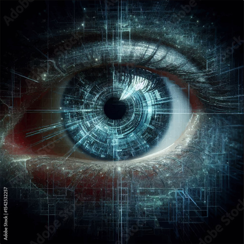 A color illustration of a human eye equipped with digital cybernetic elements on a black background. Vector graphics. EPS.